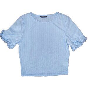 Shein Women's Light Blue Rib Knitted Cropped Short Sleeve Top